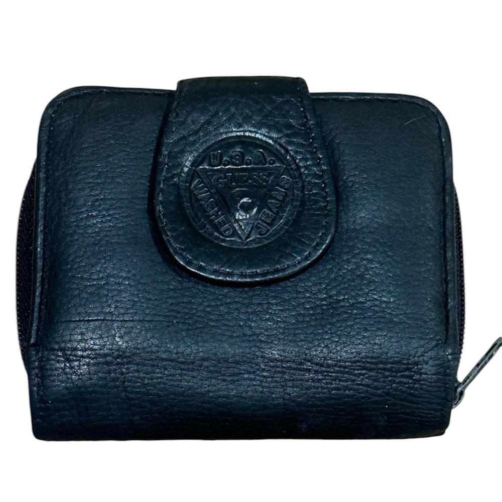 Vintage Guess Black Leather Bifold Wallet Snap Closure 90s USA Logo